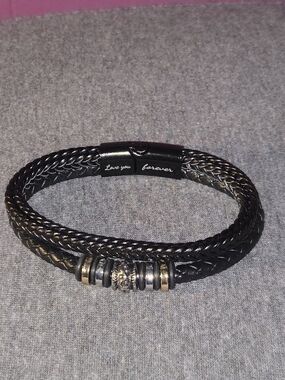 Source Unknown Black Braided Leather Bracelet with Metal Accents